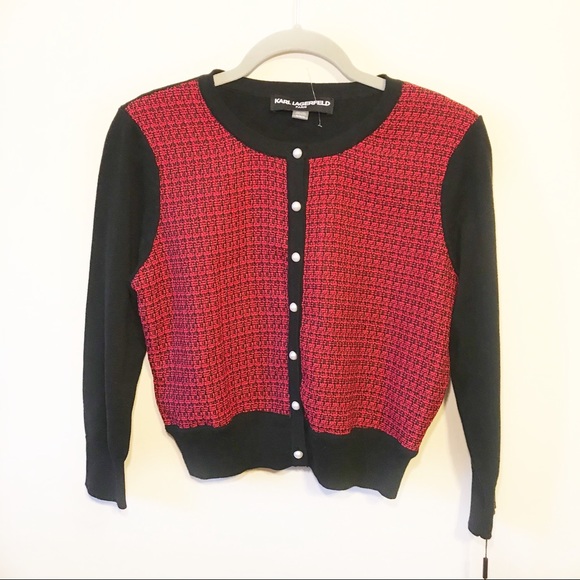 NWT Karl Lagerfeld Paris Red Plaid Cardigan Sz M - Picture 2 of 6